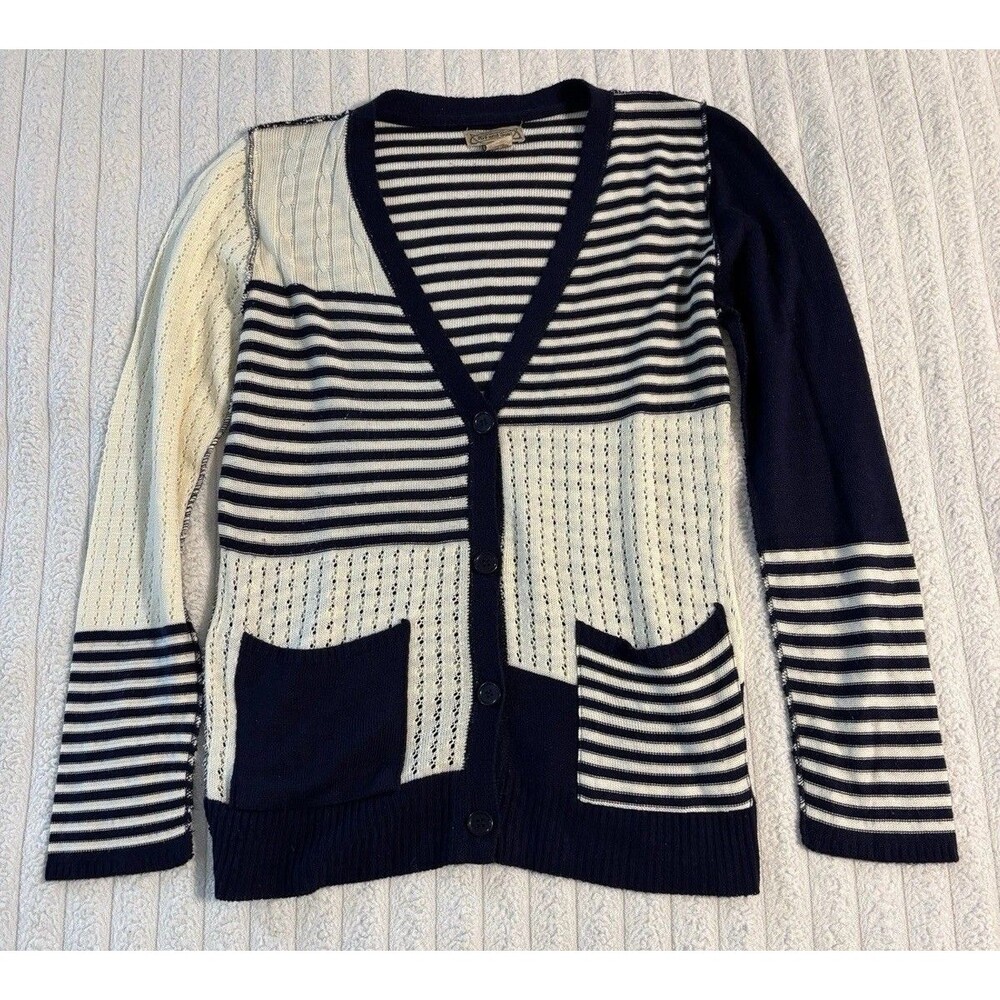 Art & Soul Vintage Crochet Striped Cardigan Sweater Womens Small Navy Cream Boho